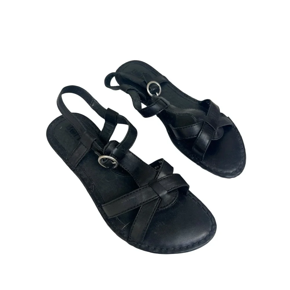 Born Kristy 9M/WBlack T- Strap Buckle Leather Sandals Silver‎ Hardware Flats